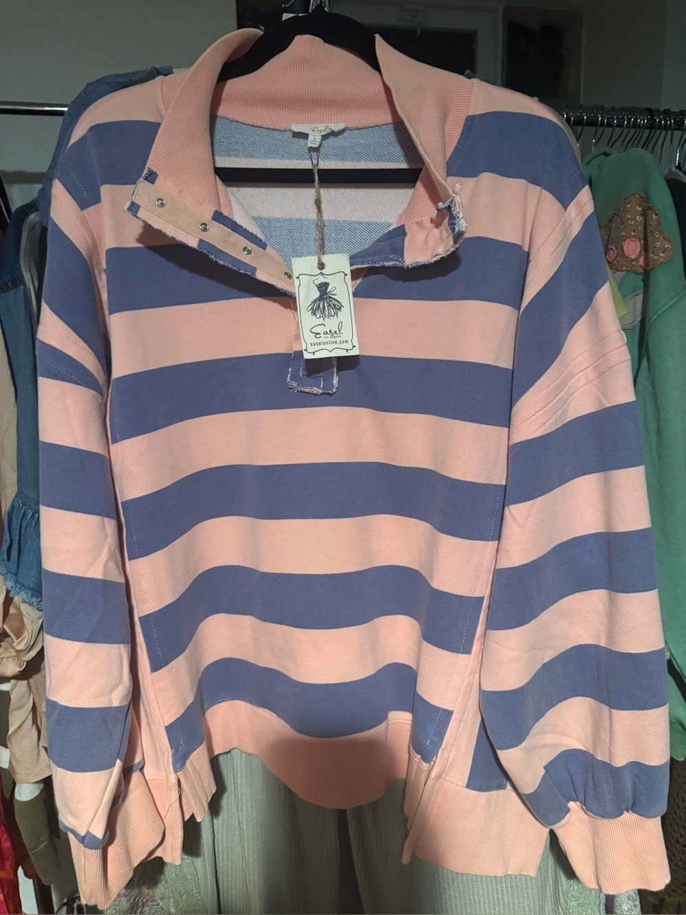 Easel Striped Pullover Sweatshirt - Pink and Dusty Blue